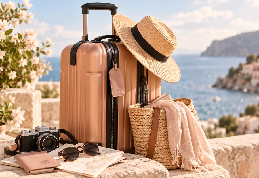 Maleta y accesorios de viaje junto al mar